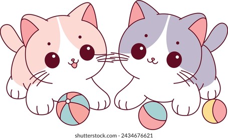 Two adorable cats are playing with balls illustration. Doodle cartoon style.