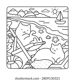 Two adorable cats are relaxing on a sunny beach by the sea. One cat is lounging in a beach chair while the other rests on a towel surrounded by seashells and starfish. A cute black and white coloring page with simple line art for kids and adults.
