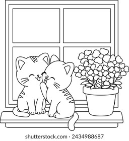 Two adorable cats are sitting on the windowsill grooming their fur coloring page.