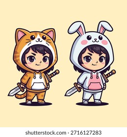 Dos adorables personajes de chibi, uno con una sudadera con capucha de gato y el otro con una sudadera con capucha de conejo, ambos con espadas.