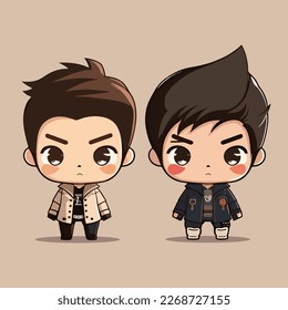 Two adorable chibi korean boys with serious expressions. Perfect for youth designs, games, merchandise, mascots, stickers, or digital projects. Cute anime-style male characters.