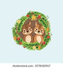 Two adorable chipmunks sit inside a festive Christmas wreath decorated with ornaments, bells, and candy canes.
