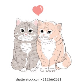 Two adorable cute pink and gray kittens with big eyes are sitting side by side on a white isolated background. Print for children's things. Vector