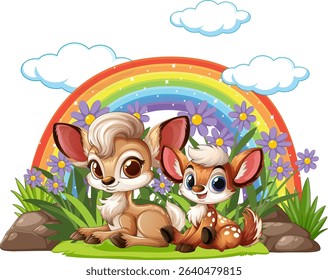 Two adorable deer sitting beneath a colorful rainbow
