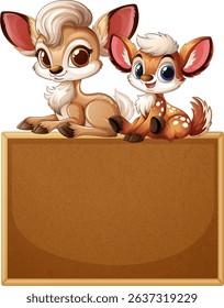 Two adorable deer sitting on a blank sign