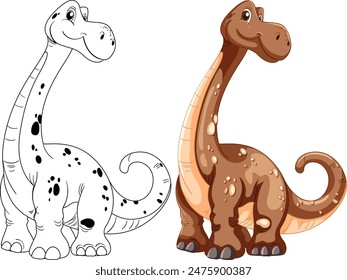 Two adorable dinosaurs, one colored, one outline