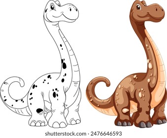 Two adorable dinosaurs, one colored, one outlined
