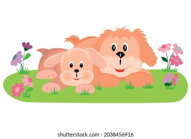 Two adorable dogs lie on the lawn. Vector illustration in cartoon flat style.