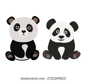 Dos adorables pandas planos de dibujos animados sentados