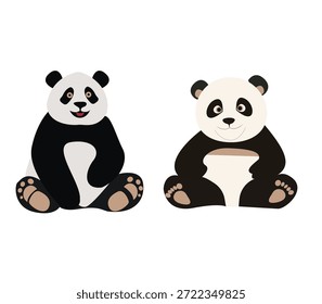 Dos adorables pandas planos de dibujos animados sentados