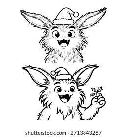 Dos adorables criaturas mullidas con orejas grandes y sombreros de Santa, uno sosteniendo un muérdago, línea de arte en blanco y negro.