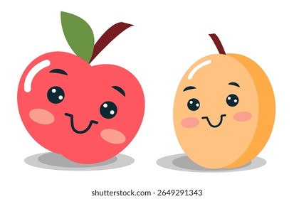Two adorable fruit characters are joyfully smiling. A bright red apple with a green leaf is next to a friendly apricot in soft yellow. Both have large, expressive eyes and playful features