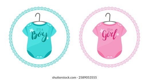 Two adorable gender reveal illustrations featuring baby bodysuits with "It's a Boy" and "It's a Girl" text. Perfect for invitations, announcements, or social media posts. Vector illustration