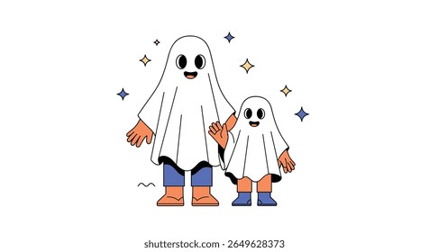 Two adorable ghosts holding hands under a starry sky