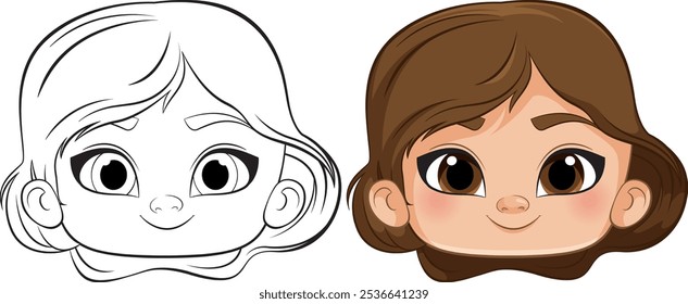 Two adorable girl faces, one colored, one outlined