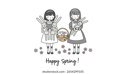 Two Adorable Girls Holding Fluffy Bunnies with a Basket of Chicks Celebrating Happy Spring