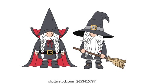 Dois gnomos adoráveis vestidos para festejos de halloween assustadores um ostentando uma capa de vampiro o outro segurando uma vassoura