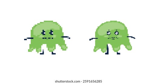 Two adorable green aliens with small black legs. each has expressive faces, adding charm.