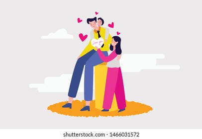 Two adorable kids a boy and a girl is holding their lovely father with love hug with son and daughter