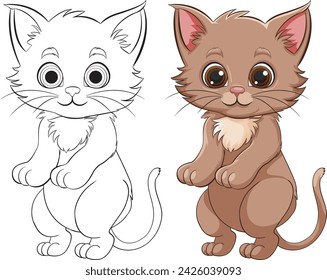 Two adorable kittens, one colored and one outlined.