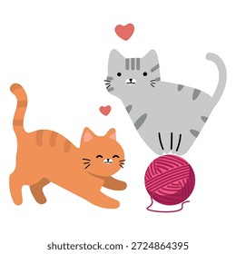zwei bezaubernde Kätzchen, die zusammen mit einem bunten Garnball spielen, liebe Katzenfreunde, die Wollfaden in flacher Illustration jagen und fangen, für Tierladen und Tierverhaltenskonzept einzeln auf weißem Hintergrund