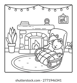 Two Adorable Kittens Relaxing in a Rocking Chair by a Warm Fireplace Coloring Page - Cozy Christmas Interior