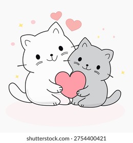 Two adorable kittens sitting together and holding a large pink heart with sparkling stars and floating hearts around them.