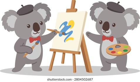 Two adorable koala bears dressed as artists in berets and bow ties standing at an easel painting a colorful picture