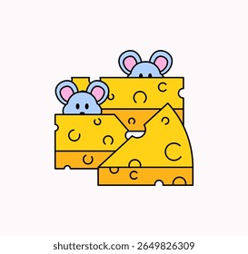 Two adorable mice peeking out from large blocks of Swiss cheese cartoon illustration vector hand drawn for icon or badges