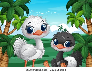 Two adorable ostriches amidst lush palm trees