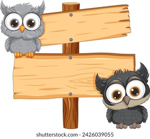 Two adorable owls perched beside a signpost.