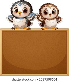 Two adorable owls perched on a blank sign