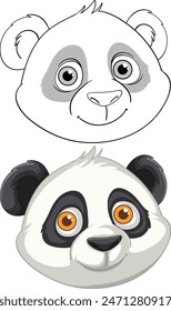 Dos adorables caras de panda, una coloreada, una delineada