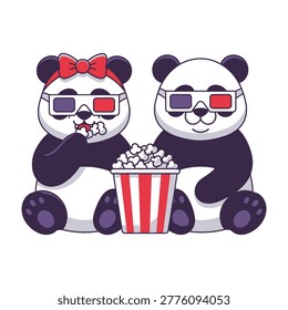 Two adorable pandas wearing 3d glasses enjoying a movie with a bucket of popcorn