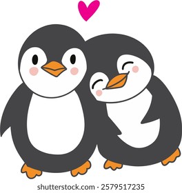 Two adorable penguins holding flippers, walking side by side on the snowy ground, smiling happily with a heart-shaped ice formation in the background, celebrating love on Valentine's Day.