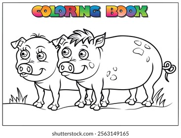 Two adorable pigs are standing together in a field, creating a charming scene for children's coloring activities.