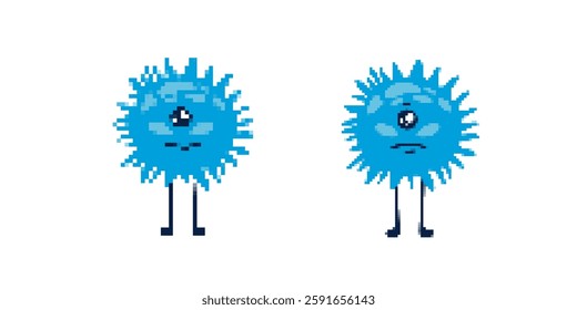 Two adorable pixel monsters with one eye and spiky hair showcase three quirky expressions each.