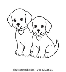 Two adorable puppies, one with its head resting on the others shoulder, both with big, expressive eyes and heart-shaped tags on their collars. 