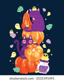 Two adorable purple cats are lounging on top of pumpkins, surrounded by cute yellow ghosts, colorful leaves, and sparkling stars. A jar of purple potion adds a whimsical touch to this Halloween scene.