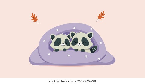 two adorable raccoons sleep soundly together under a star-studded lavender blanket