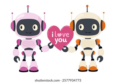 Two adorable robots holding heart with I Love You lettering creating sweet and heartfelt Valentine's Day illustration.Vector illustration with cute message in charming valentine's style. For banners.