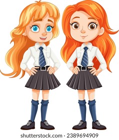 Two adorable students with orange hair in matching school uniforms