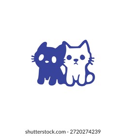 Two adorable stylized cats, one blue and one white, are depicted sitting together in a charming graphic design.