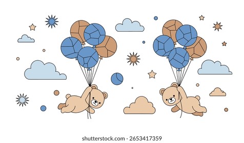 Two adorable teddy bears floating upwards with blue and tan balloons amongst clouds and stars