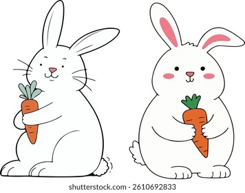 Two adorable white rabbits, each holding a carrot, in a charming cartoon style illustration.
