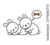 Two adorable white rabbits snuggling and sleeping peacefully together. One bunny has a thought bubble with a bone icon above its head. Charming design for kids.