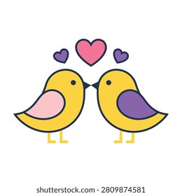 Two adorable yellow birds facing each other with colorful hearts above them. This romantic symbol represents love, friendship, connection, and Valentine Day theme.