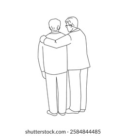 Two adult business men are standing. Business man in suit supports colleague. Back view. Vector illustration in line art style.