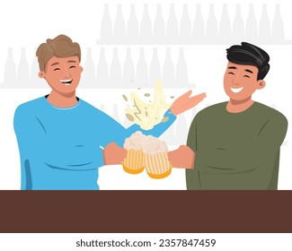 Two adult men drinking beer in the pub and celebrating