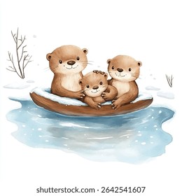 Two adult otters and a pup joyfully ride a log raft across a winter stream. Watercolor style, close-up view.
